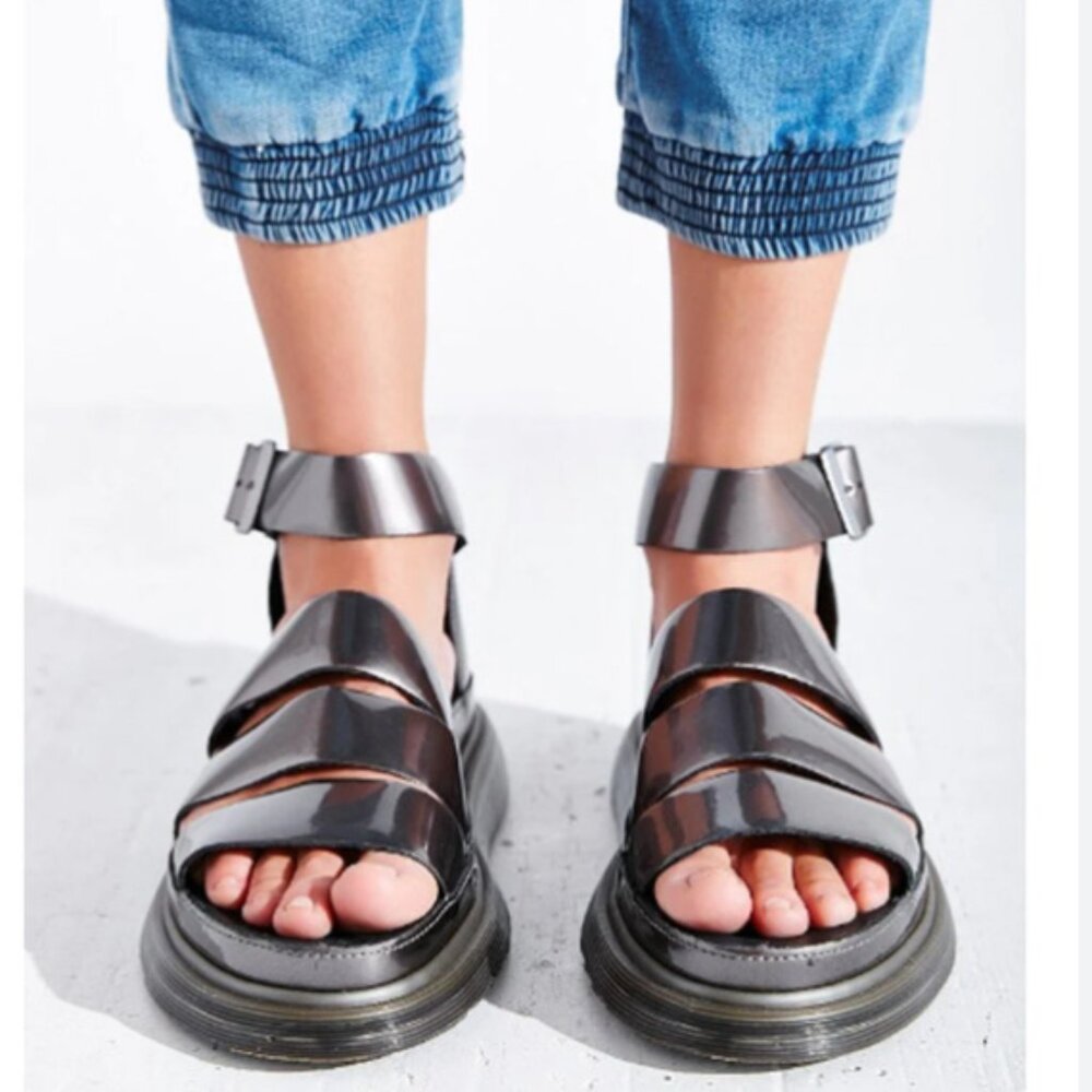 Dr. Martens Clarissa Metallic Leather Gladiator Sandals Pewter Spectra Patent 9
